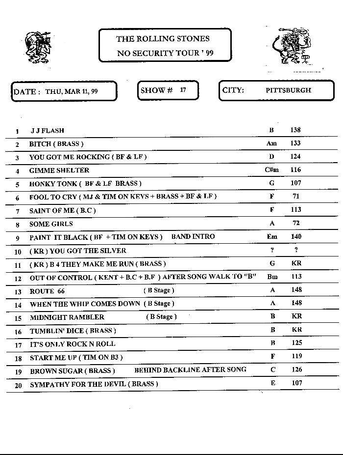 Pittsburgh setlist